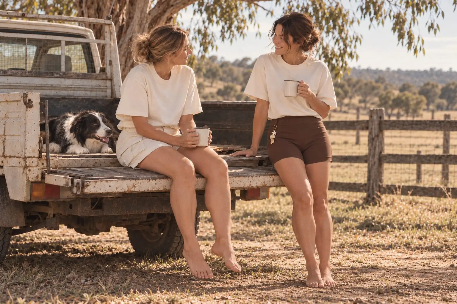 Two women sitting on the tray of an old ute beside a paddock fence with a border collie, in the tee and shorts